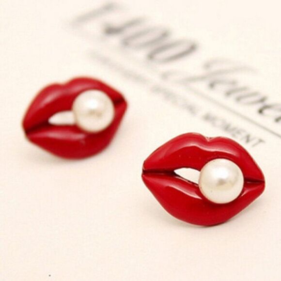 5/$25 Red Enamel Lips Pearl (faux) Earrings - Picture 1 of 8
